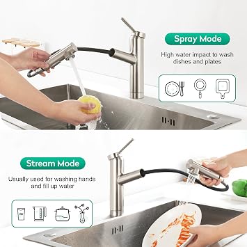CREA Pull Out Kitchen Tap, Kichen Mixer Tap with Dual Mode Sprayer, 120° Swivel Kitchen Sink Tap, Single Handle Sink Mixer Tap, Brushed Nickel