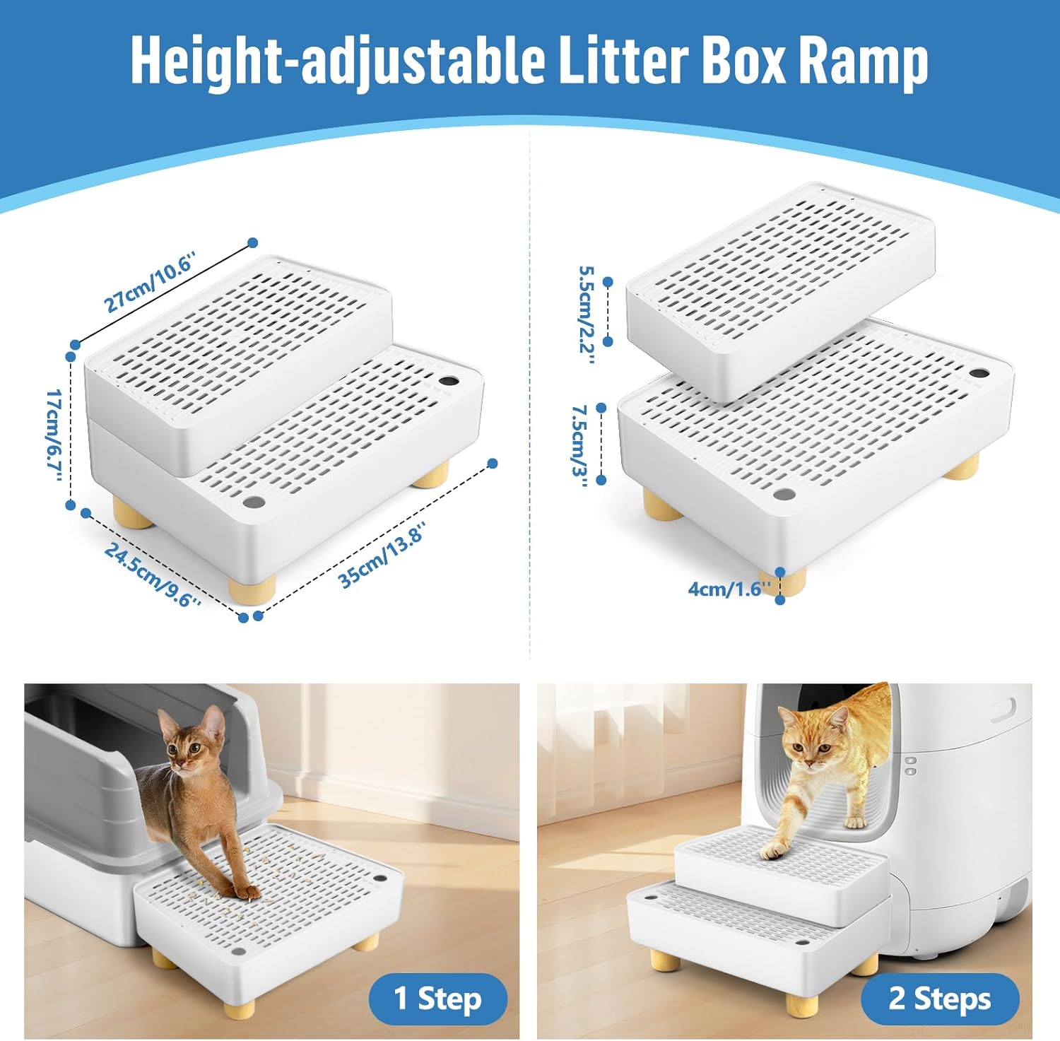 Extra Large 2 Steps Cat Litter Box Step Ramp, Cat Litter Catcher Mat with Wooden Feet, Filter Function, Cat's Pedal Stool for Self-Cleaning Litter, Suitable Kitten & Elderly Cats (White)