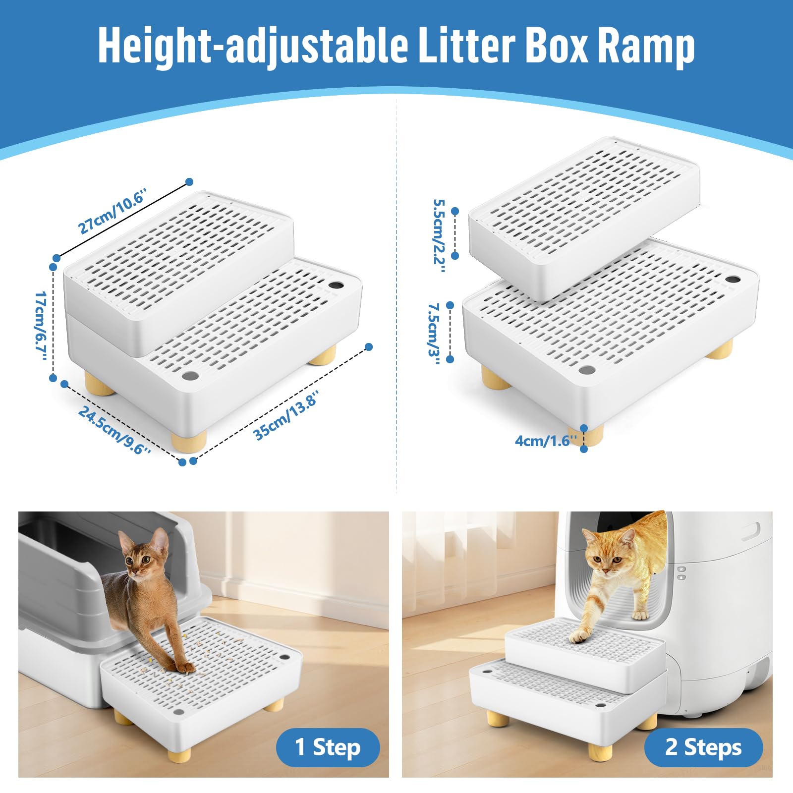 Grande rampa per lettiera a 2 gradini, regolabile con piedini in legno, funzione filtro, scala per animali domestici per gattini e gatti anziani, lettiera automatica per gatti (bianco)