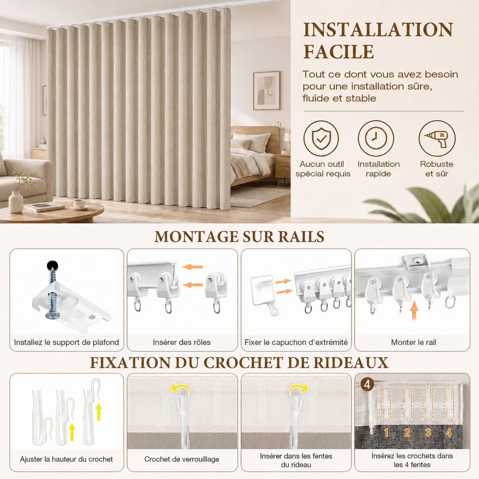 100% Occultant 264 cm Extra Large Rideau Séparateur de Pièce avec Rail | Effet Lin Rideaux Occultants Thermique, Kit Complet avec Rail Cintrable, Isolation Phonique pour Salon, Chambre, H274cm Kaki