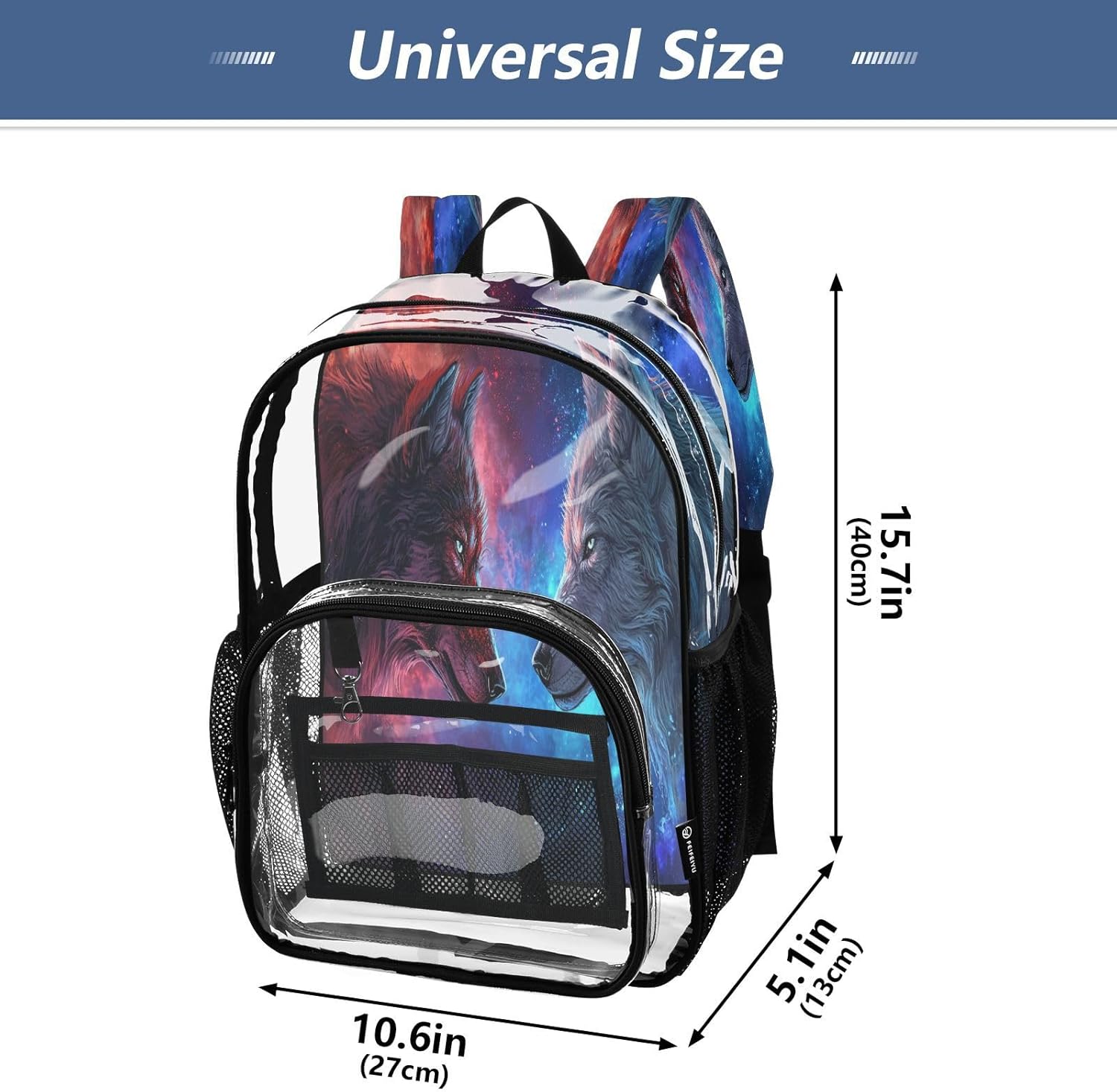 Wolf Space Galaxy Nebula Clear Backpack Heavy Duty See Through Transparent PVC BookBag for Kids Boy Girl Adult School Work