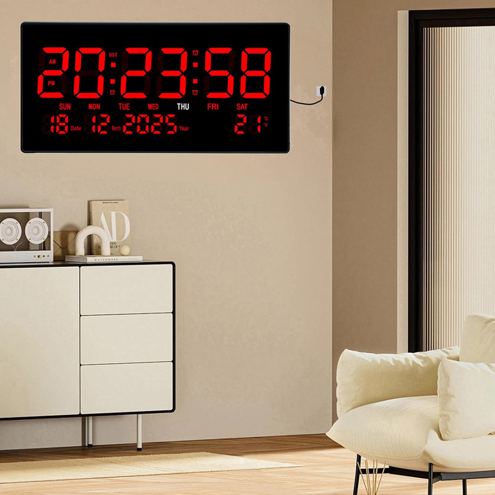 HEEPDD Große LED-Wanduhr, ABS-Digitaluhr mit Ewigem Kalender, Großes Plug-in-Display mit Ausschaltspeicher, Geräuschloser Betrieb für die Schule zu Hause, Im Büro