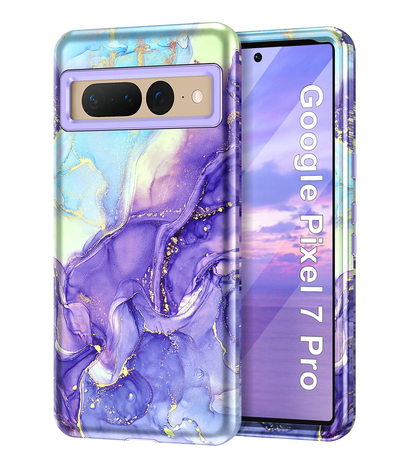 Btscase for Google Pixel 7 Pro Case, Marble Pattern 3 in 1 Heavy Duty Shockproof Full Body Rugged Hard PC+Soft Silicone Drop Protective Women Girl Covers for Google Pixel 7 Pro (2022), Cobalt Violet