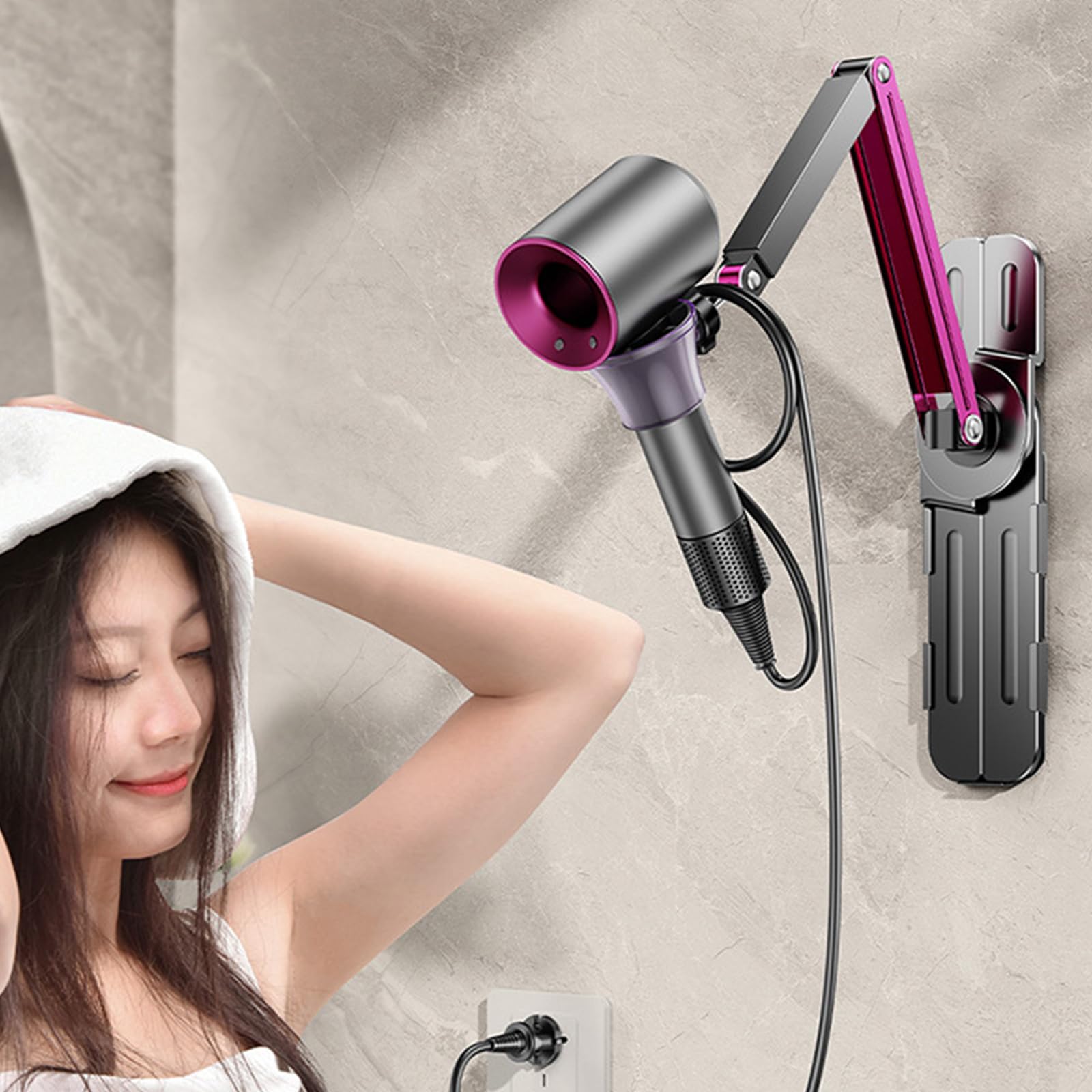 WEISUYUUS Adjustable Hair Dryer Stand Holder for 99% of Hair Dryers 360 Degree Swing Cantilever Arm Organiser