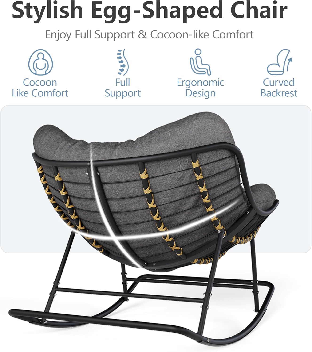 SWITTE Outdoor Papasan Rocking Chair, Indoor Egg Lounge Chair with Thick Cushion, Oversized Wicker Recliner Supports 450 lbs, Comfy Rocker for Patio, Balcony, Porch, Living Room-Dark Gray
