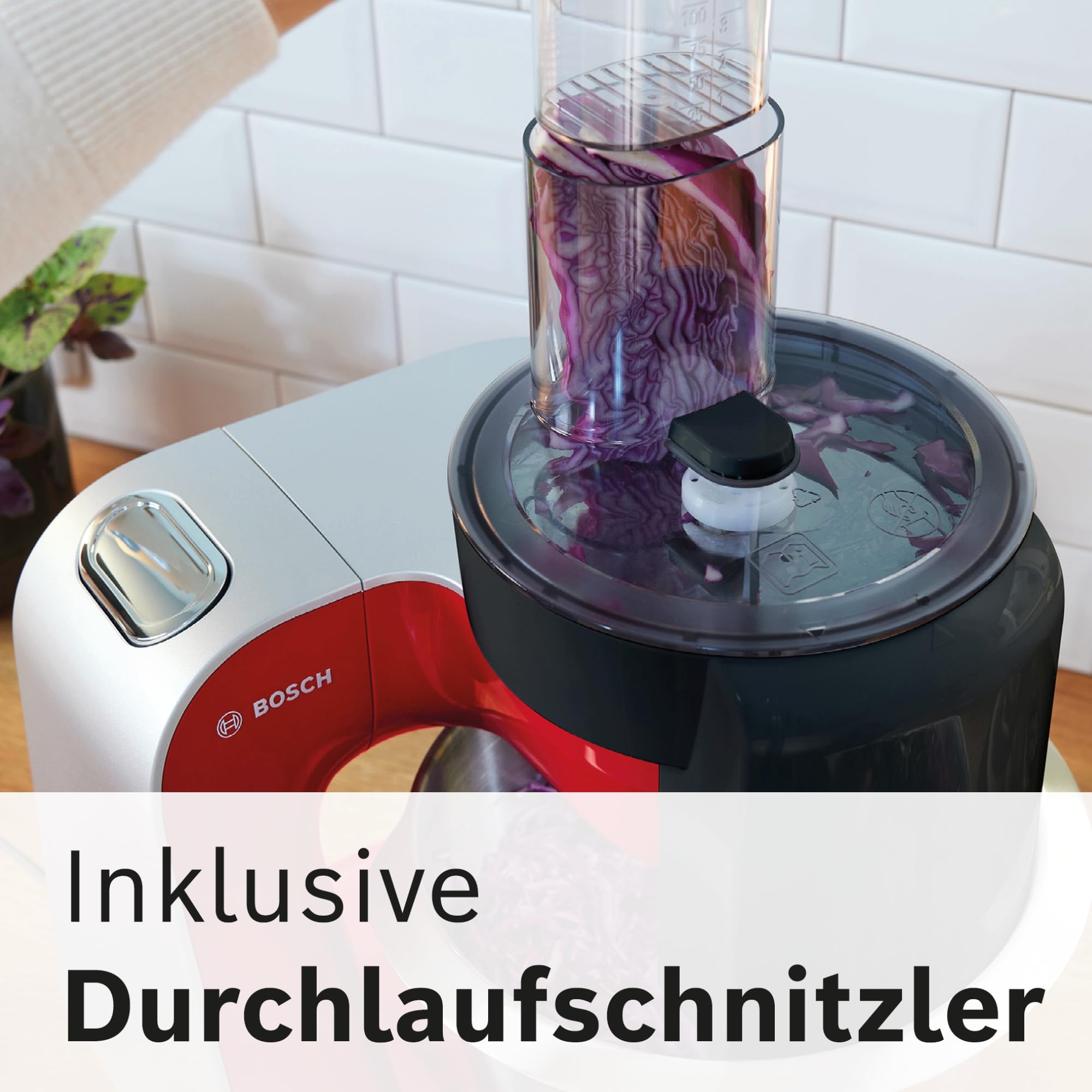 Bosch Küchenmaschine Serie 4, Edelstahl-Schüssel spülmaschinenfest, Planetenrührwerk, Durchlaufschnitzler, 3 Scheiben, 3 Rührwerkzeuge spülmaschinenfest, 1000 W, Made in Europe, rot, MUM58710