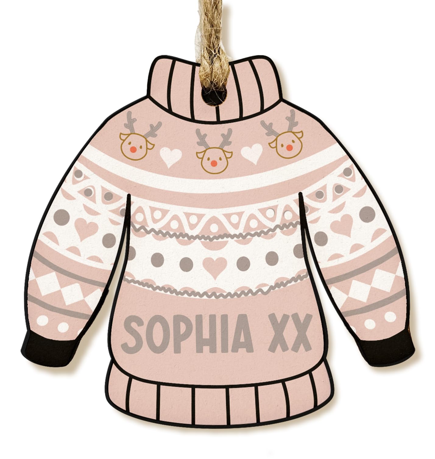 The Plum Penguin Personalised Novelty Christmas Jumper Bauble Festive MDF Ornament with Custom Name Choice of Xmas Pattern (Pink & Grey Traditional)