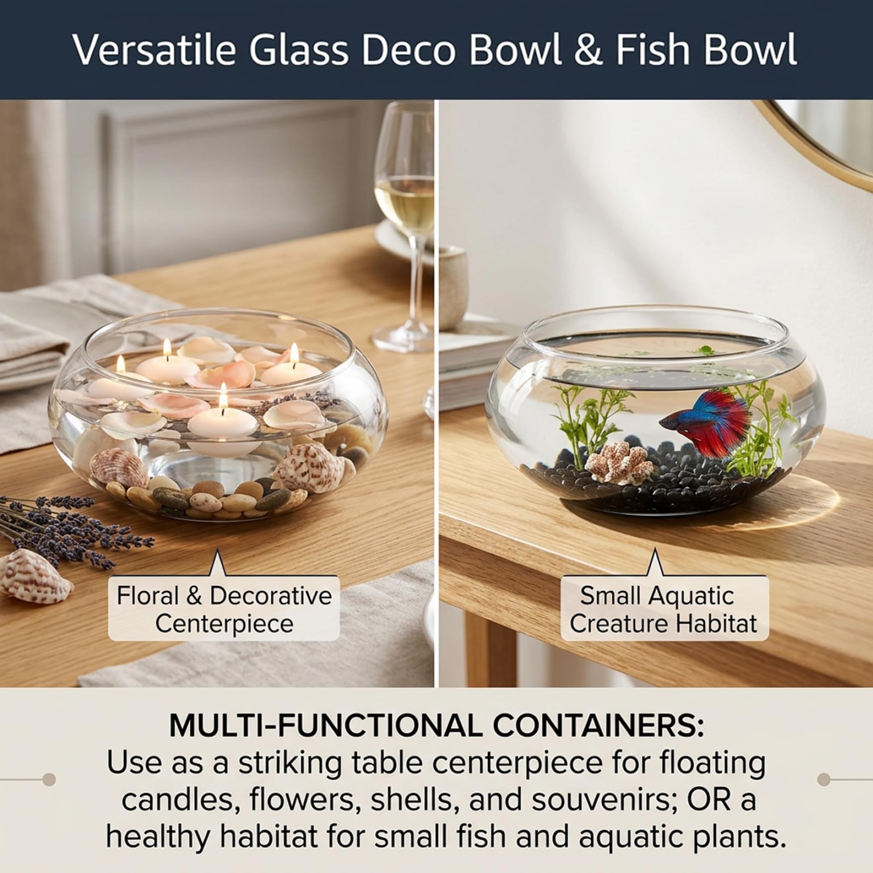 Pot de fleurs Lotus Bowl – Pot de fleurs hydroponique en verre transparent pour plantes et poissons, vase d'écosystème bureau 15 cm/5, 9 pour nénuphars, plantes succulentes et décoration aquatiq