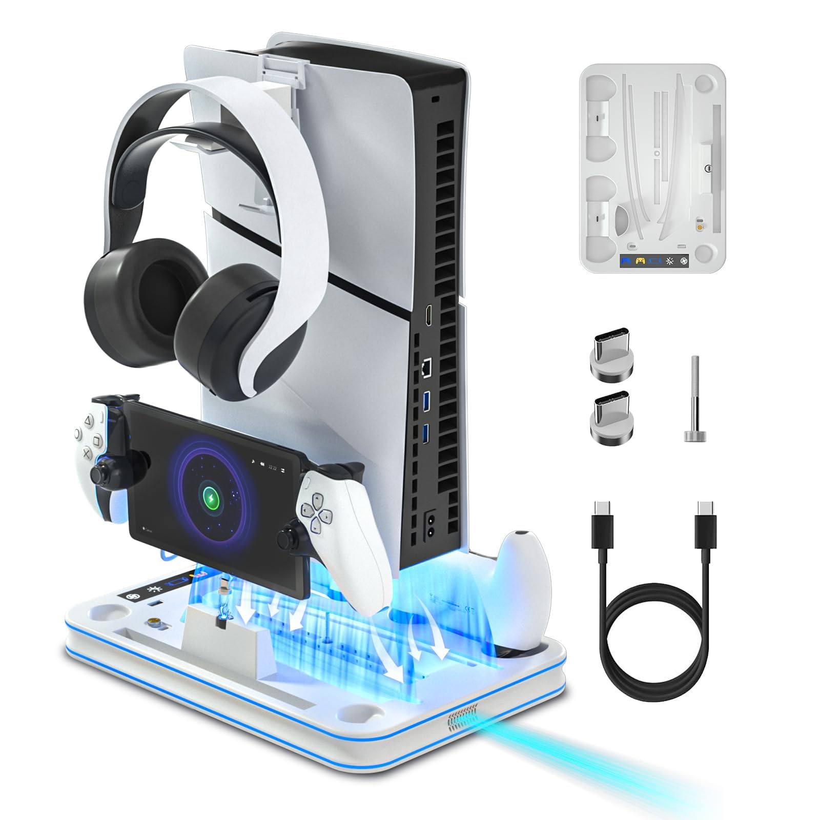 Estación de refrigeración Delgada PS5 con Cargador de Controlador LED RGB, Accesorios PS5, Color Blanco