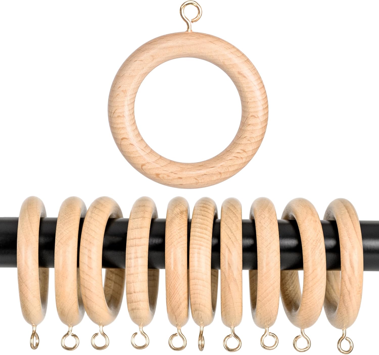12 Pcs Handcrafted Natural Beech Wood Curtain Rings with Hooks – 3.5" Outer, 2.7" Inner Diameter – Smooth Wooden Drapery Rings for Rod with Metal Hooks 12 2.7" Inner Diameter