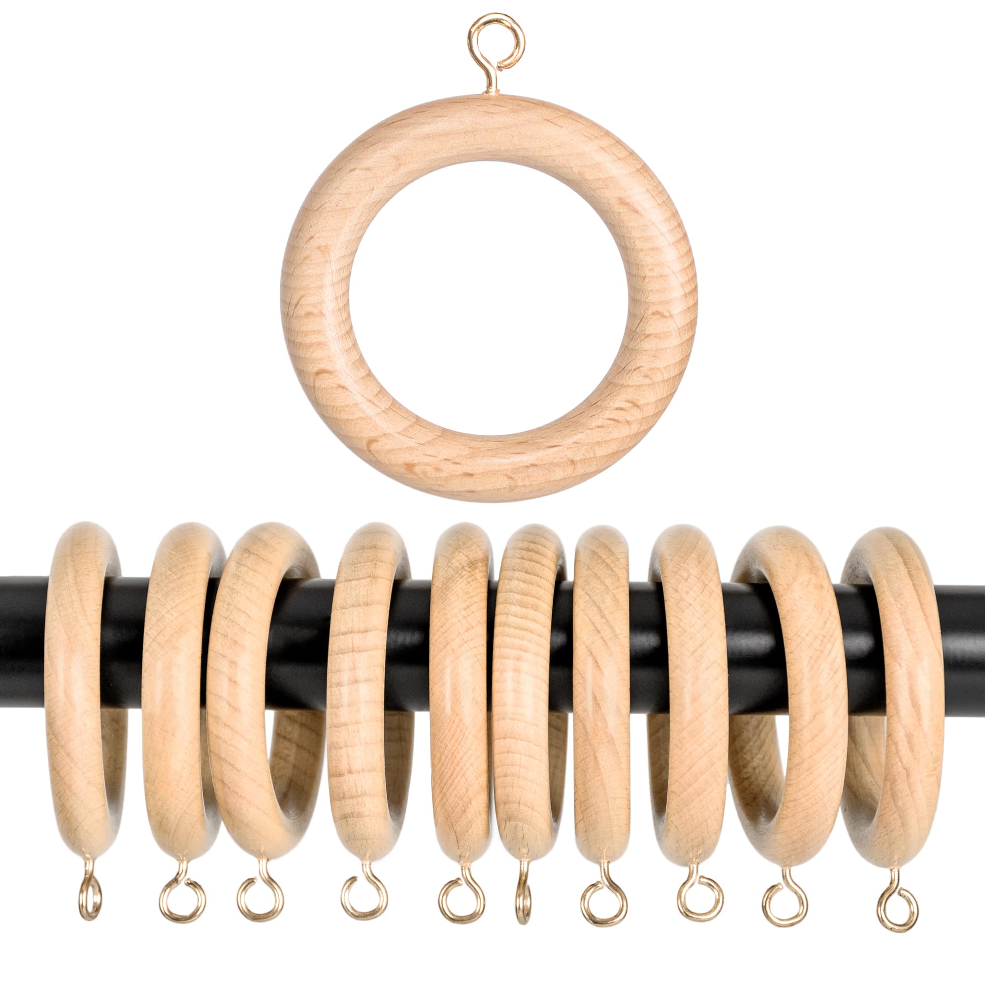 INANOSA Handcrafted Natural Beech Wood Curtain Rings with Hooks – 2.5