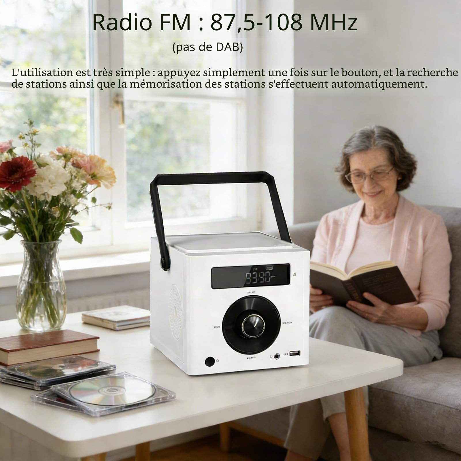 Lecteur CD Portable avec Bluetooth/Radio FM/USB/AUX, Batterie Rechargeable