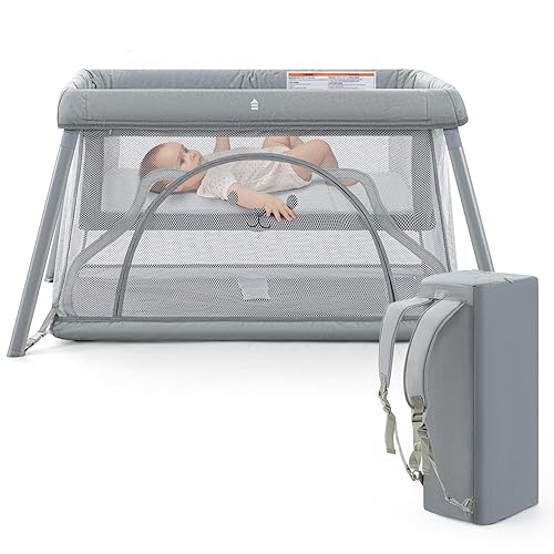 Miniatura 7 de Cuna de viaje, cuna portátil para bebé, parque de juegos portátil para bebés y niños pequeños, diseño de mochila ligera, corralito de viaje plegable