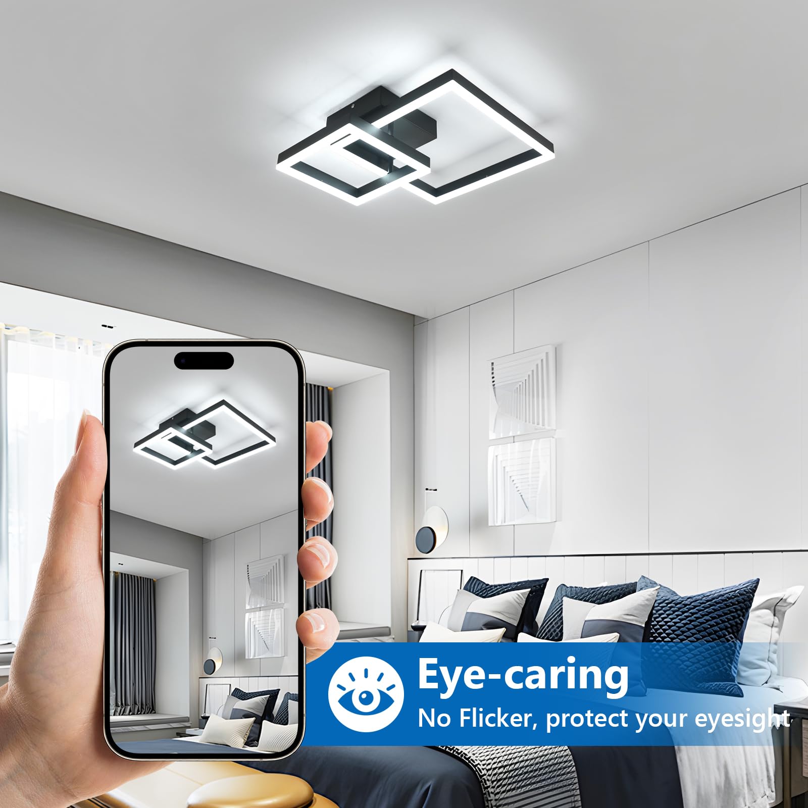 DELIPOP Plafoniera LED Soffitto Moderna, 36W Lampadario da Soffitto Nero Quadrati, Lampada da Soffitto Moderna Alluminio per Camera da Letto Soggiorno Cucina Studio Ufficio, 6500K Bianca Fredda, 52cm