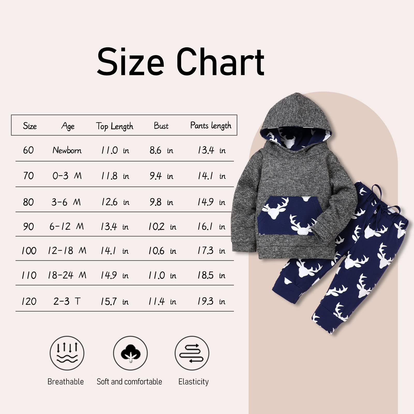 Set completo con felpa con cappuccio e pantaloni a maniche lunghe con cervo, per neonati e bambini