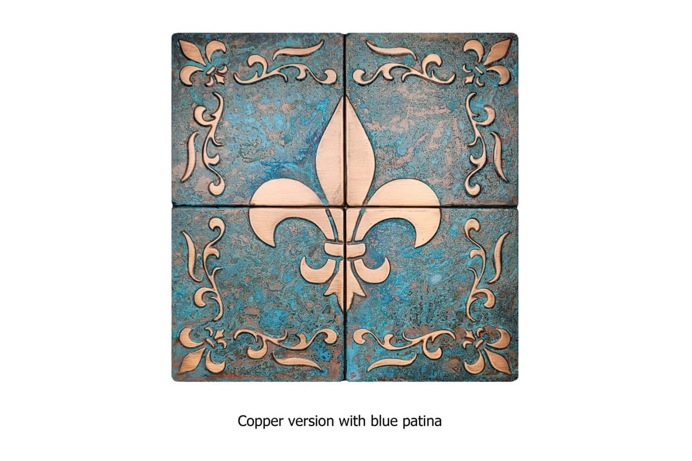 Piastrelle di rame fatte a mano Sanct - 4 piastrelle da parete patinate con motivo Fleur-de-lis, in 100% rame, per cucina, soggiorno, piastrelle decorative per parete posteriore della cucina, set da