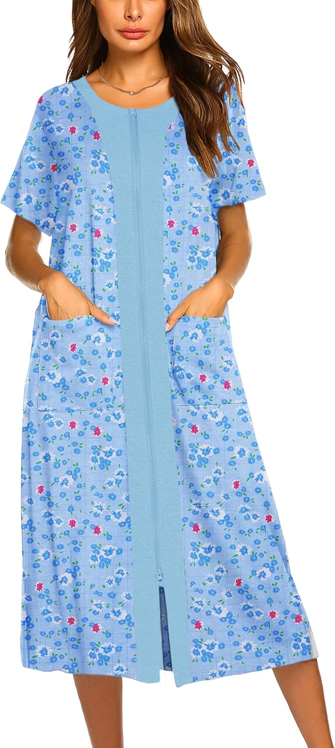 Ekouaer Robes For Women Zipper Front Bathrobe Short Sleeve House Coat Long Nightgown With Pockets Soft Loungewear