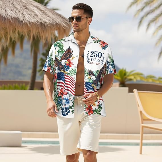 250Th Anniversary USA Hawaiian Shirt for Men, 1776-2026 Patriotic Short Sleeve Shirt, Independence Day Gifts