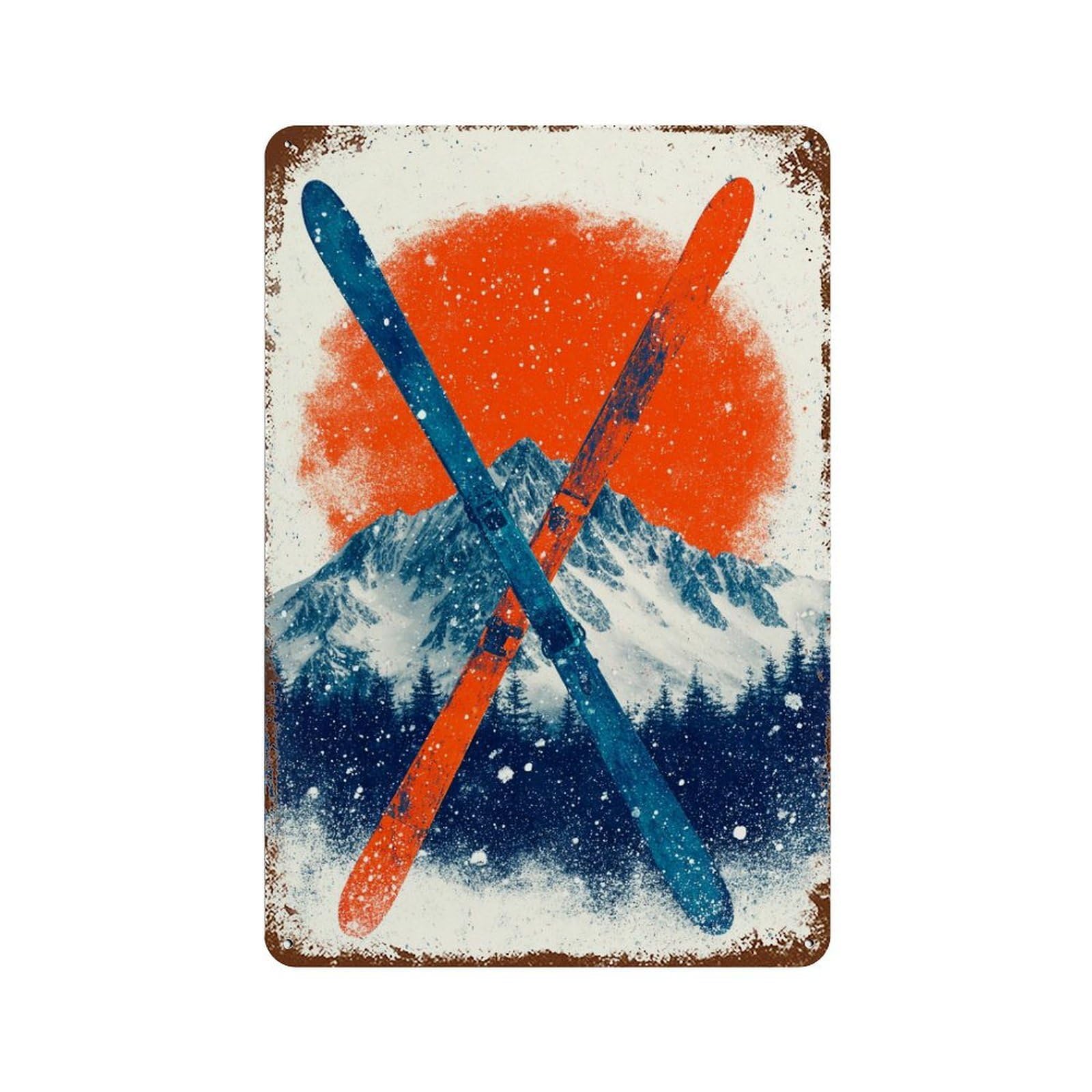 Snowy Mountain Ski Adventure Rust Effect Tin Sign 11.8"x7.9", Retro Wall Decor for Pub, Kitchen And Man Cave Decor