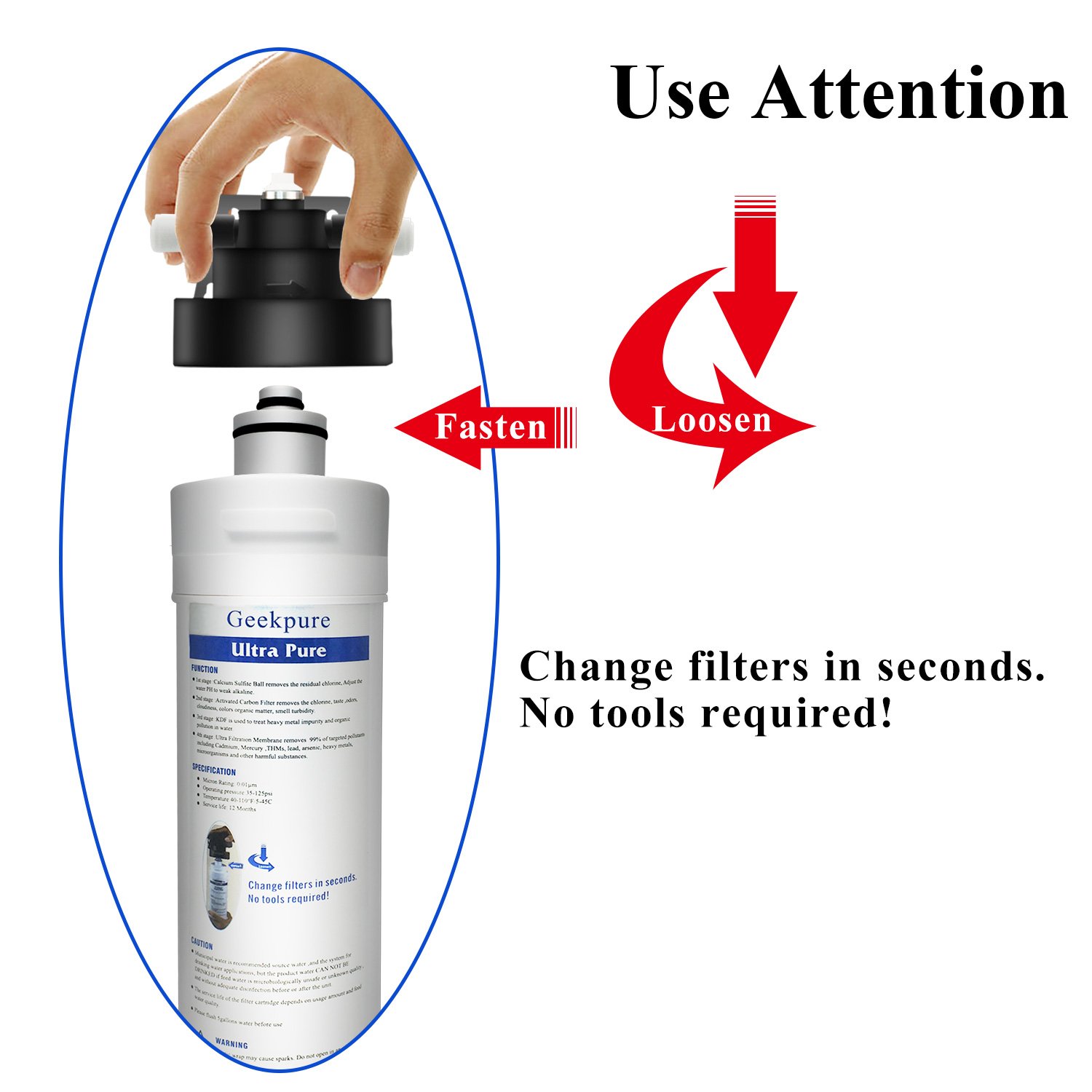 Geekpure Sistema di filtrazione dell'acqua potabile a connessione diretta ad alta capacità ultra pura a 4 stadi sotto il bancone -0.01 micron -Rimuove, piombo, cloro, cattivo gusto