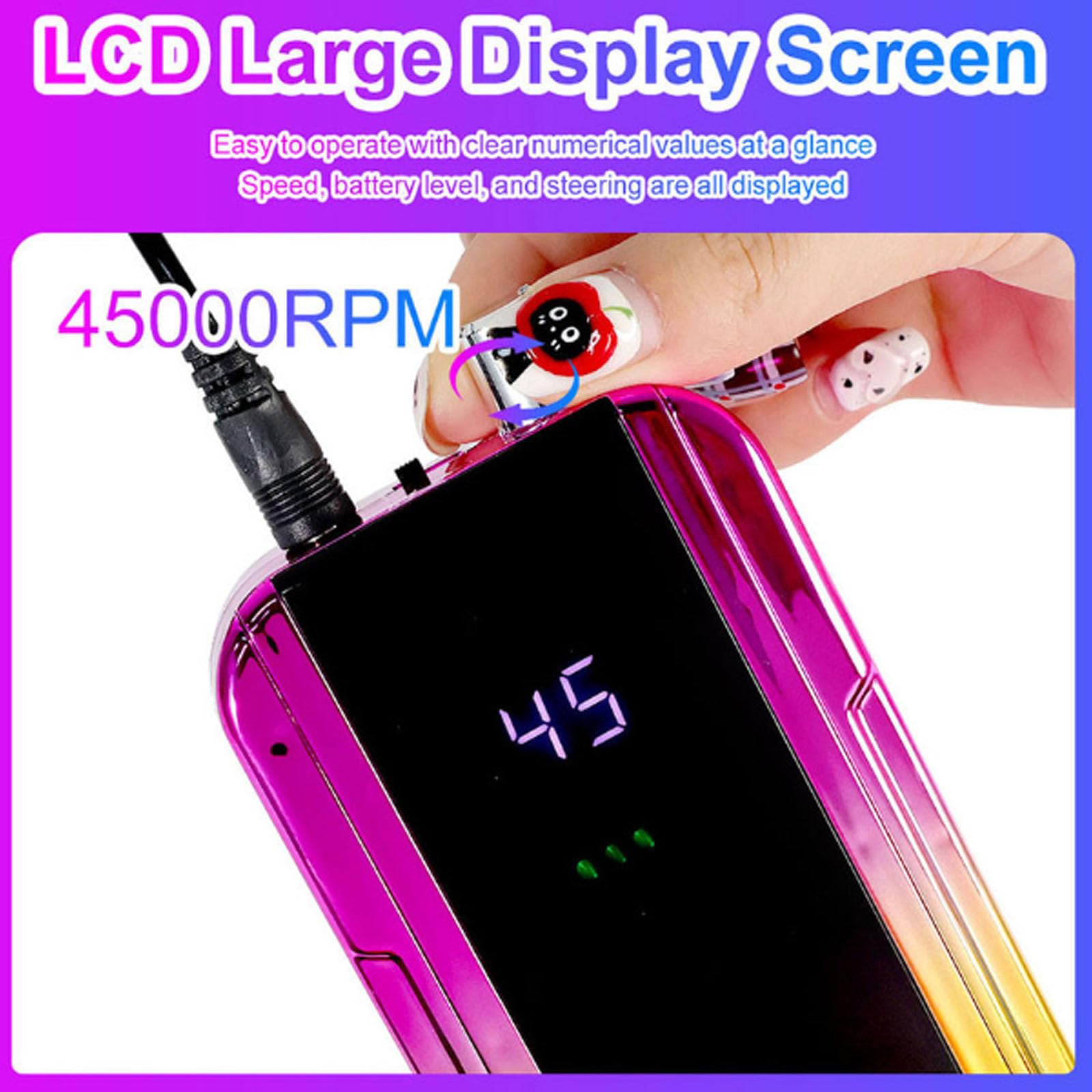 Trapano per unghie ricaricabile a batteria 45000 giri/min, lima per unghie elettrica portatile con display LCD a conchiglia RGB sfumato, per rimozione gel acrilico salone,colorful blue