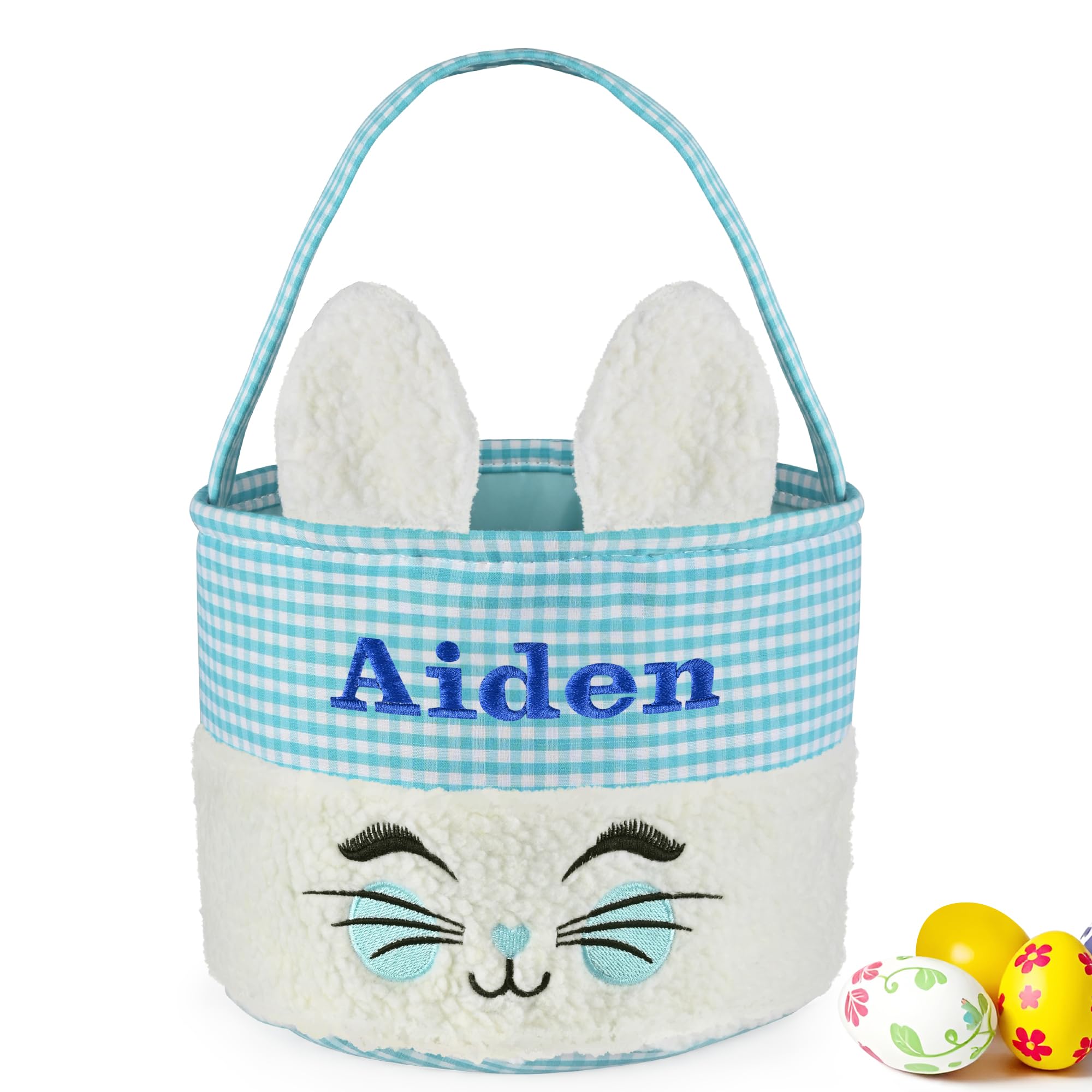 Easter Basket - VIAKDEM Easter Baskets for Kids - Easter Basket with Name - Bunny Easter Basket - Personalized Easter Baskets for Boys, Girls, Toddler, Babies, Infant - Smile Bunny Ear Plaid Blue