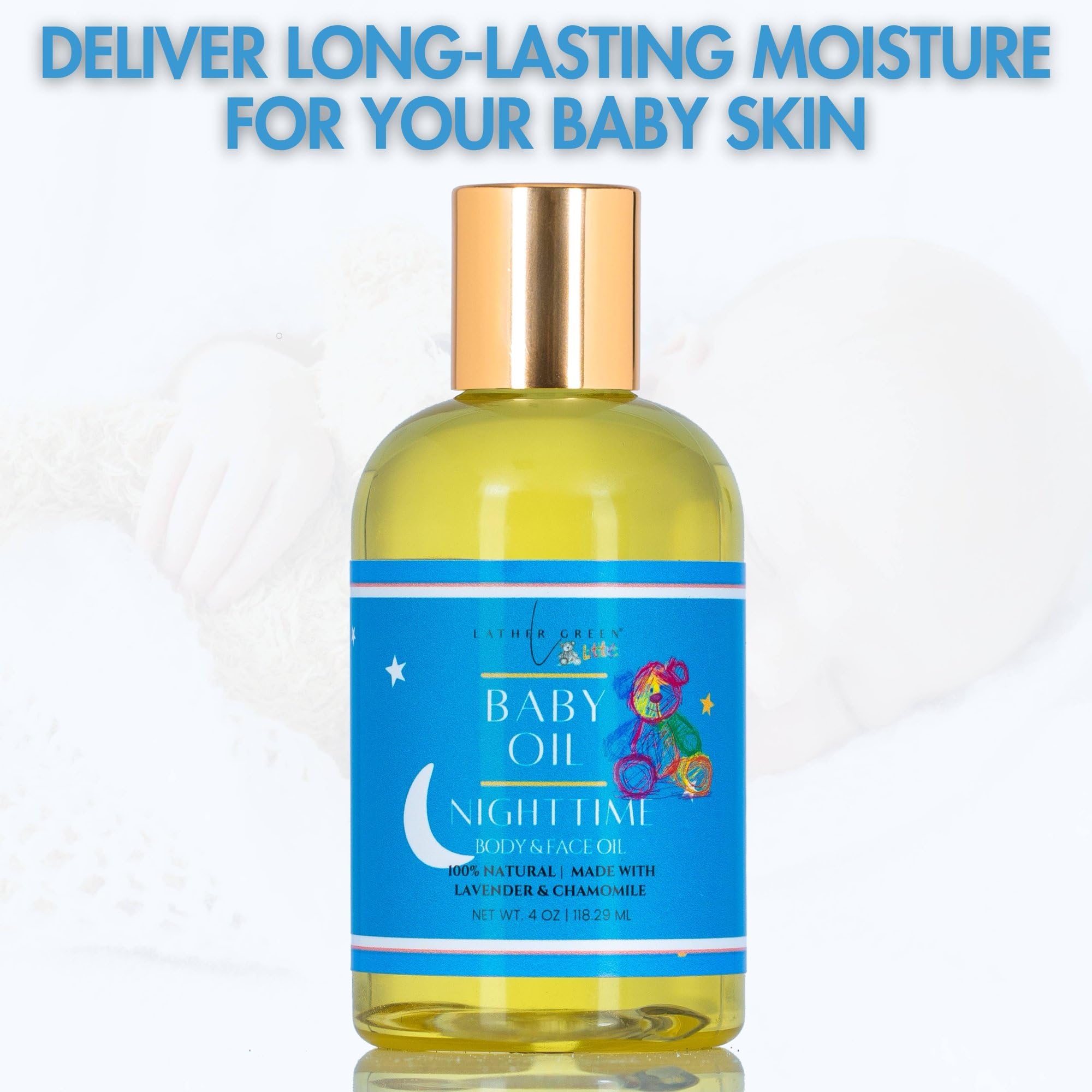 Lather Green - Nighttime Calming Baby Oil - Calms & Hydrates Baby’s Skin with Lavender & Chamomile, 4 oz