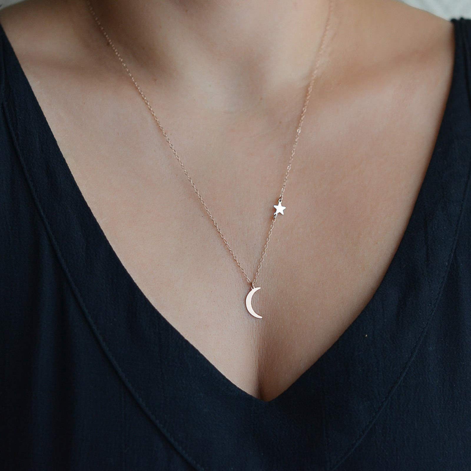 TseenYi Collar con colgante de luna, cadena con forma de estrella dorada, gargantilla bohemia, joyería para mujeres y niñas (oro)