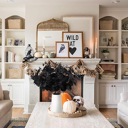 Miniatura 5 de RECUTMS 8 tallos de eucalipto negro de 14 pulgadas con jarrón de cerámica para Halloween, hojas de eucalipto negras, ramo de ramas para mesa de