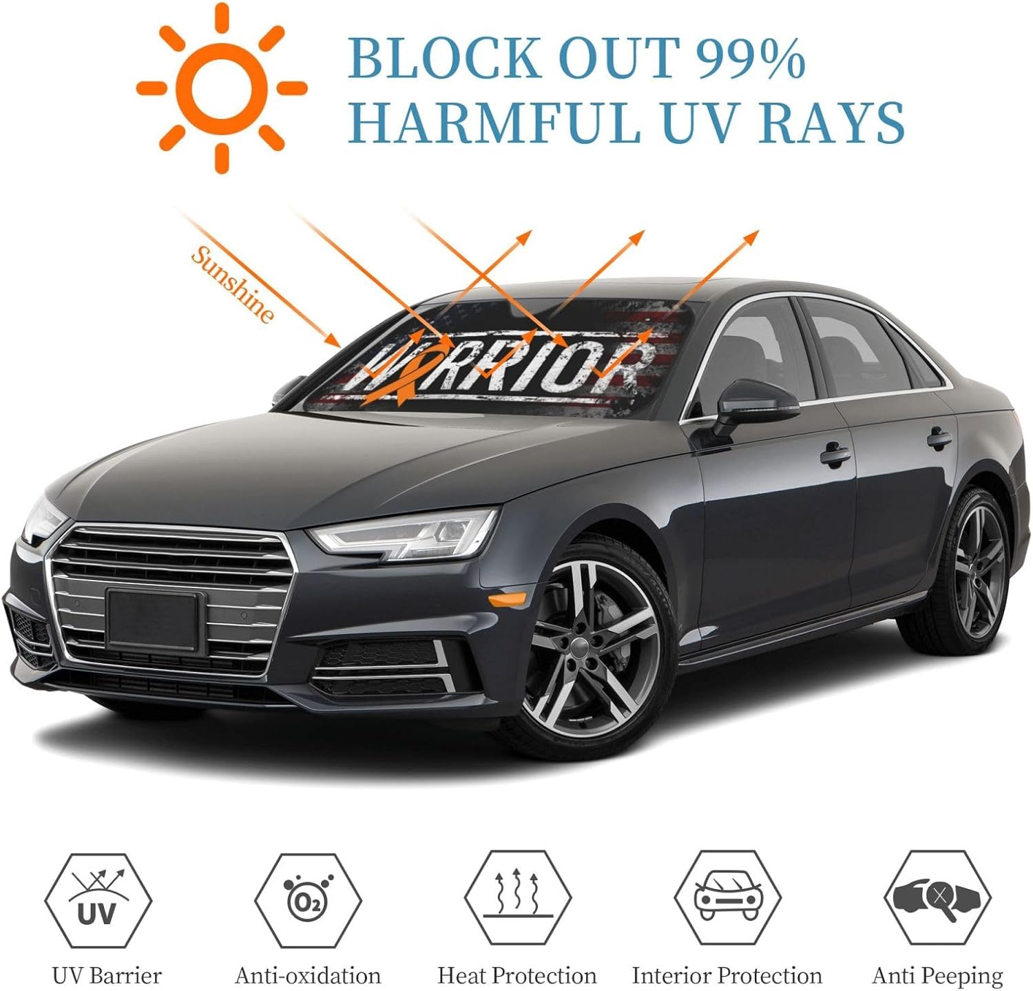 Kidney Cancer Warrior Aweareness Ribbon Foldable Car Windshield Sunshade Blocks Heat and Sun Glare Uv Rays