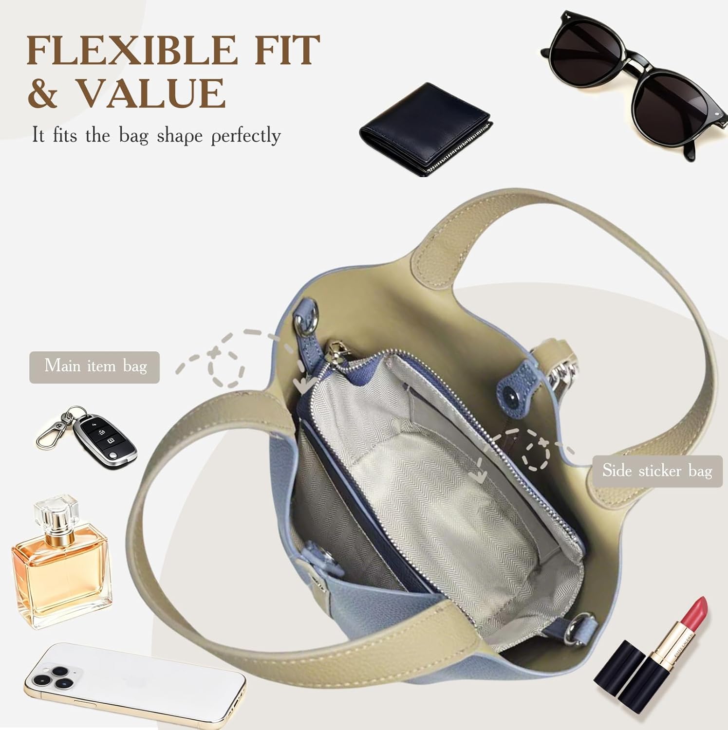 Genuine Leather Bucket Bags for Women,Vegetable Basket Crossbody Women's Shoulder Handbags with Zipper Closed - Image 6