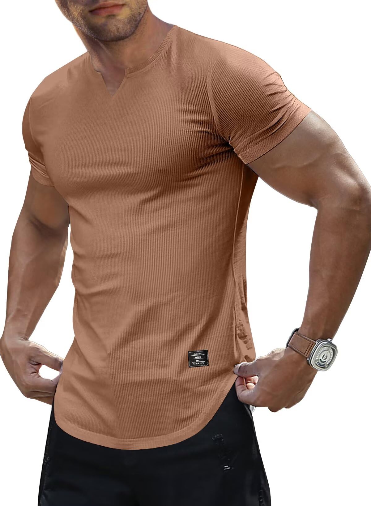 Meilicloth Camiseta Hombre Slim Fit Cuello en V Manga Corta Deportiva Básica Musculosa Colores Varios S-3XL — view 8