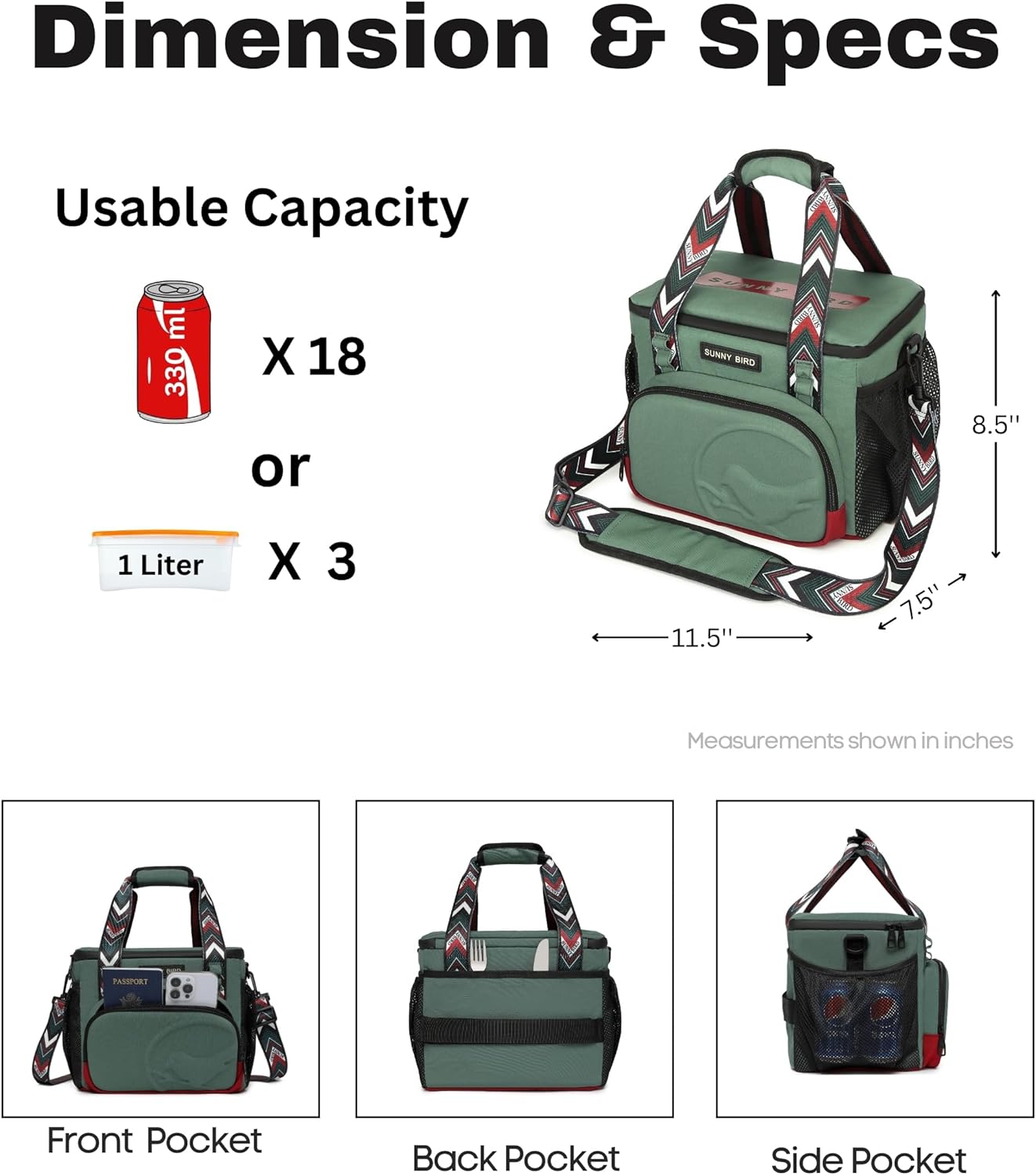 SUNNY BIRD 12L Large Insulated Lunch Bag, Foldable Lunch Cooler Box for Women Adult and Men, Fits 18 Cans (Green with Boho Strap) - Image 3