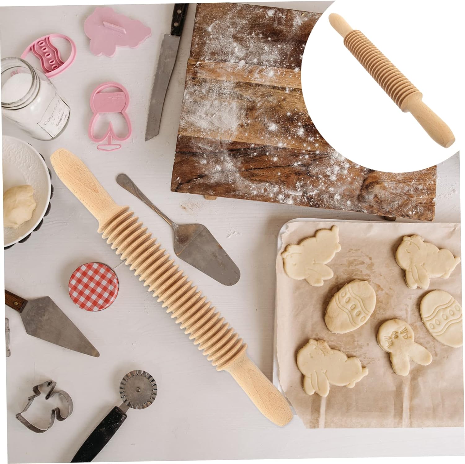 Wooden Spaghetti Roller with Grooved Surface Noodle Lattice Cutter and Dough Rolling Pin for Pastry Pizza Handmade Noodles Baking and Kitchen Cooking Tools