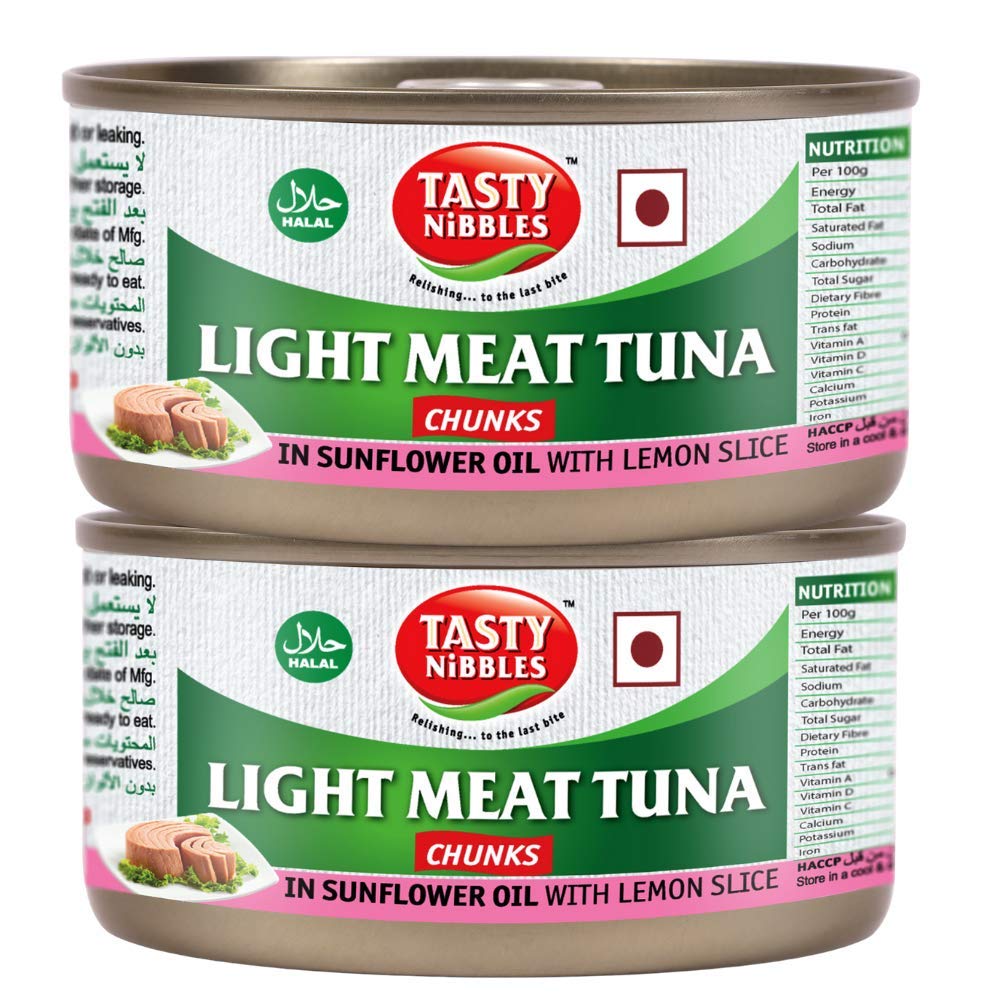 Tasty Nibbles Light Meat Tuna Chunks in Sunfower Oil with Lemon Slice, 185g x 2