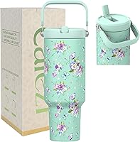 Vista 14 de Vaso de 40 onzas con tapa y pajilla, de acero inoxidable aislado al vacío con popote abatible y asa superior, botella de agua aislada reutilizable