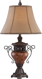Traditional Style Table Lamp 31.5" Tall Bronze Brown Crackle Iron Metal Urn Faux Silk Bell Fabric Shade Decor for Living Room Bedroom House Bedside Nightstand Home Office