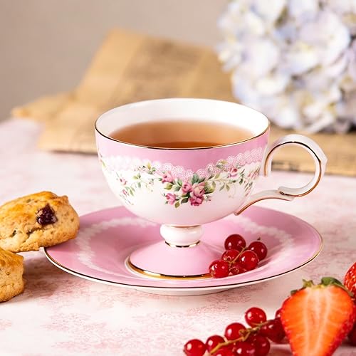 Miniatura 5 de KAMMAK Juego de 2 tazas de café de cerámica, tazas de café de porcelana con platillos, 6.52 onzas hechas a mano, elegante taza de té de porcelana de