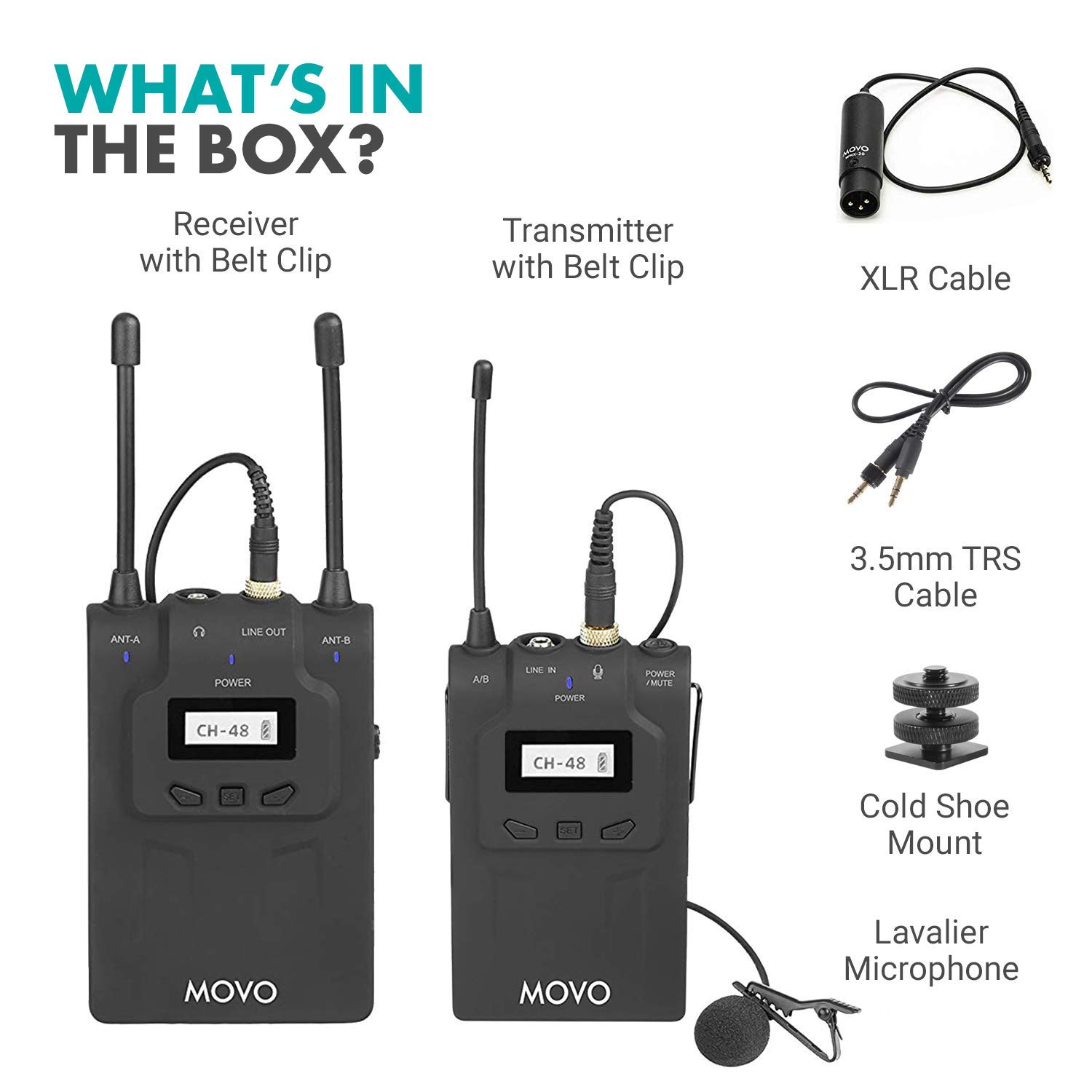Movo WMIC80 UHF Expandable Wireless Lavalier Microphone System with Lavalier Mic and Bodypack