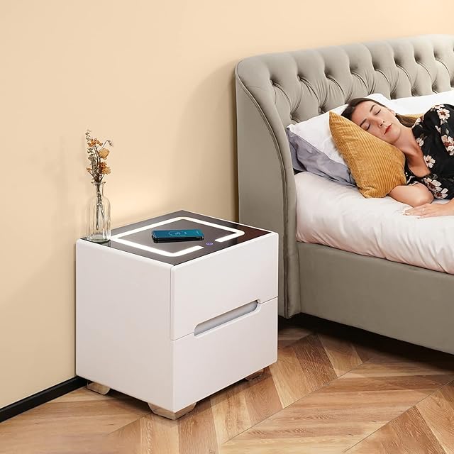 LEMROE Bedside Table with Smart Wireless Charger Nightstand with 2 Drawers Bedroom Cabinet with Adjustable LED Light Home Bedroom Furniture (2 drawers, White and Black)