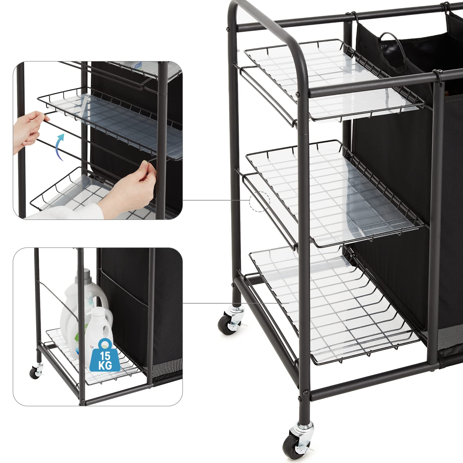 Meerveil Carrello Porta Biancheria con 3 Sacchi Rimovibili, Ceste per Bucato con Rotelle Universali