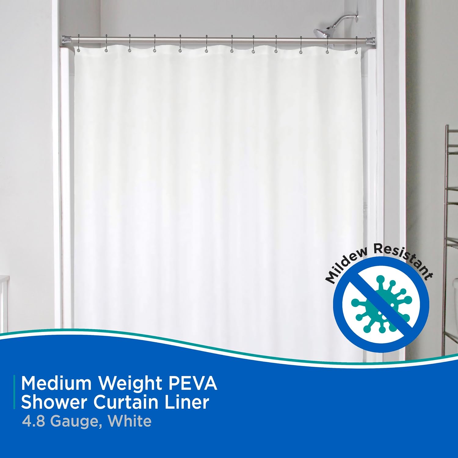 Kenney KN61440 Medium Weight 5 Gauge Waterproof PEVA Shower Curtain Liner with Rust-Resistant Metal Grommets and Weighted Magnetic Hem for Bathroom, 70" W x 72" H, White, 1-Pack