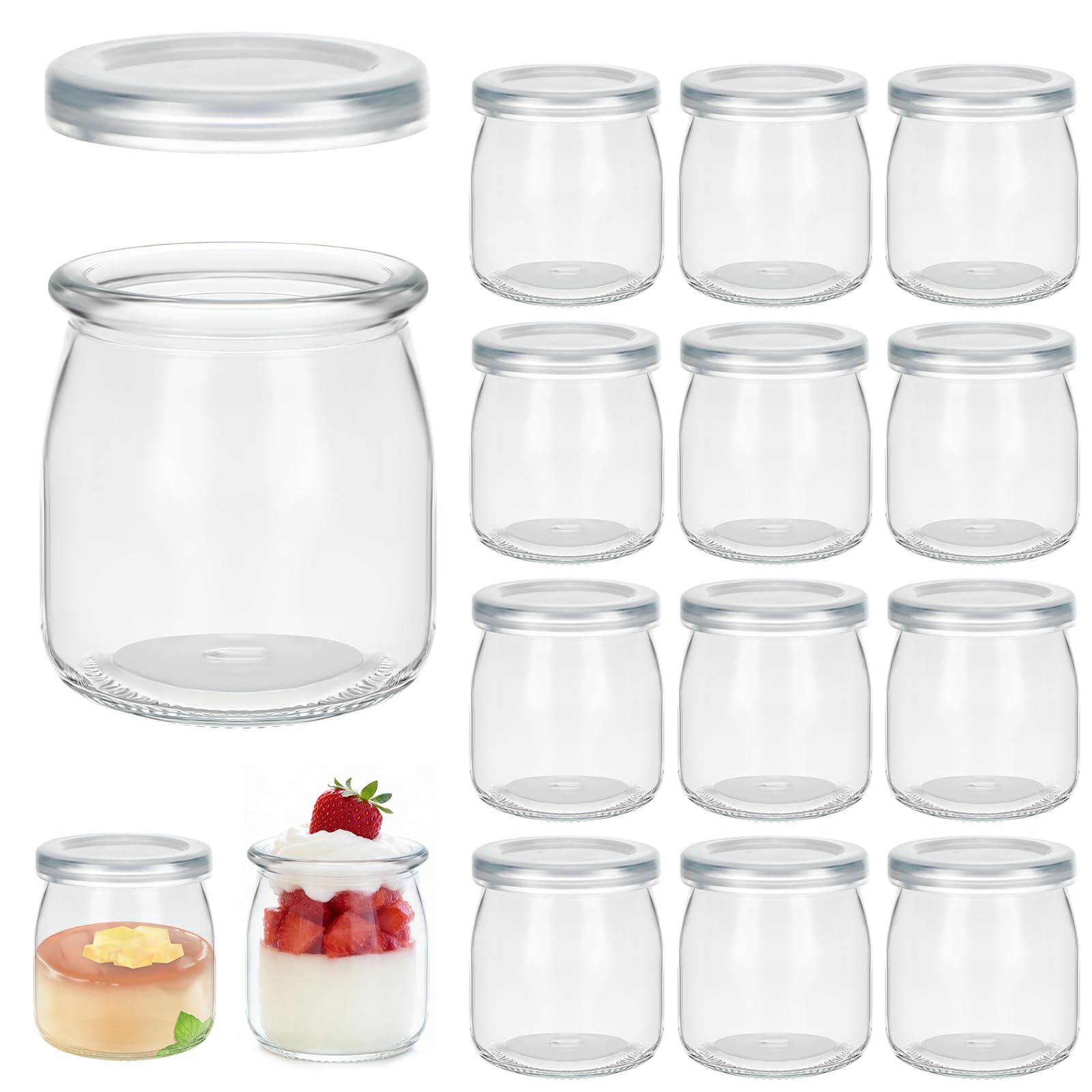 12 Piezas 200 ML Vasos Yogurtera Con Tapa, Tarros de Cristal Transparentes y Reutilizables Para Mermelada, Postres Miel, Aptos para Microondas, Frigorífico Lavavajillas