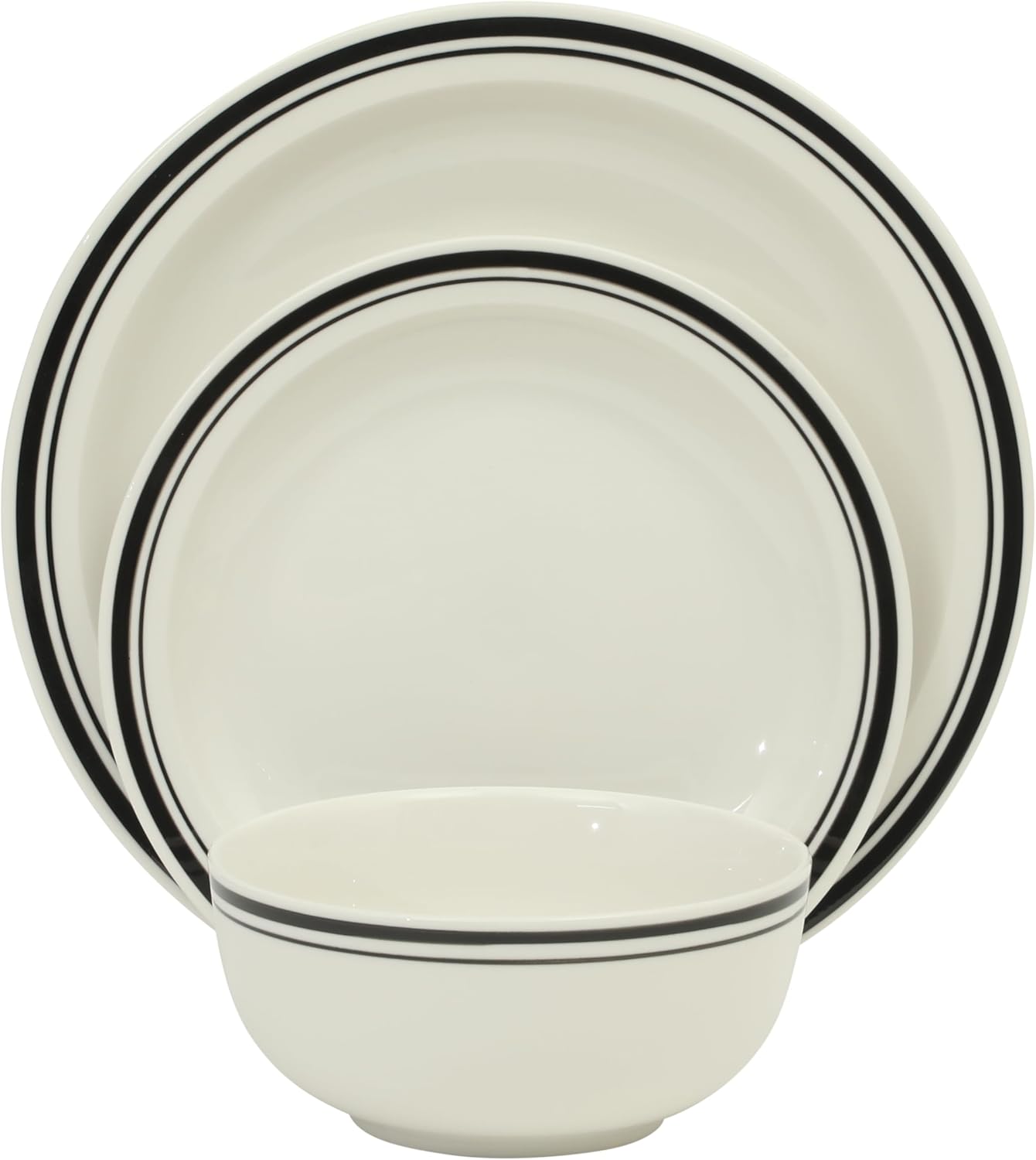 Gibson Home Hometown Diner 12-Piece Porcelain Dinnerware Set, Round Plates and Bowls Set for 4, White with Black Rim, Dishwasher Safe – Dinner Plate, Salad Plate & Cereal Bowl