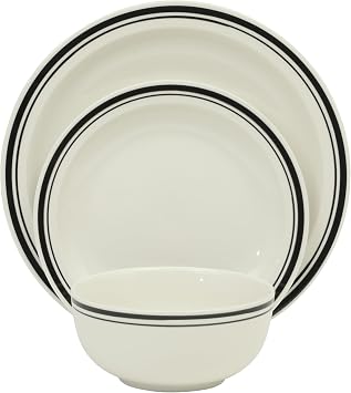 Gibson Home Hometown Diner 12-Piece Porcelain Dinnerware Set, Round Plates and Bowls Set for 4, White with Black Rim, Dishwasher Safe Dinner Plate, Salad Plate & Cereal Bowl