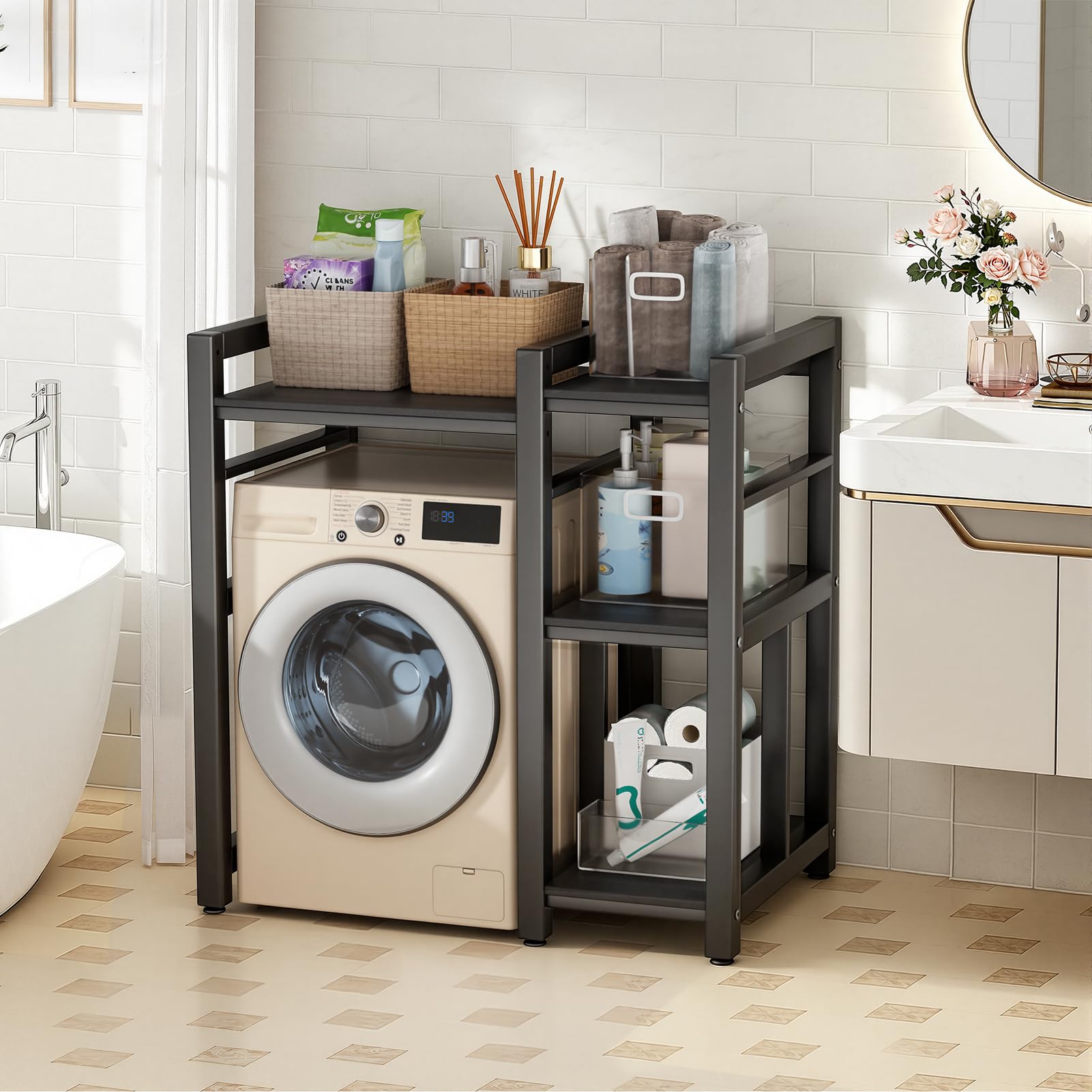 Washer Dryer Stacking Rack, Height Adjustable Washing Machine Stand with Side Storage Shelf, 300 kg Load Capacity, for Washing Machine, Tumble Dryer, Laundry Room and Utility Room (Black)
