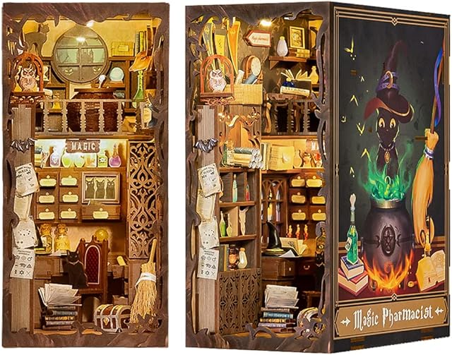 CUTEBEE DIY Book Nook Kit - DIY Miniature Dolls House Kit with Furniture and LED Light, 3D Puzzle Wooden Art Bookends, Model Kits for Adults to Build (Magic Pharmacist)