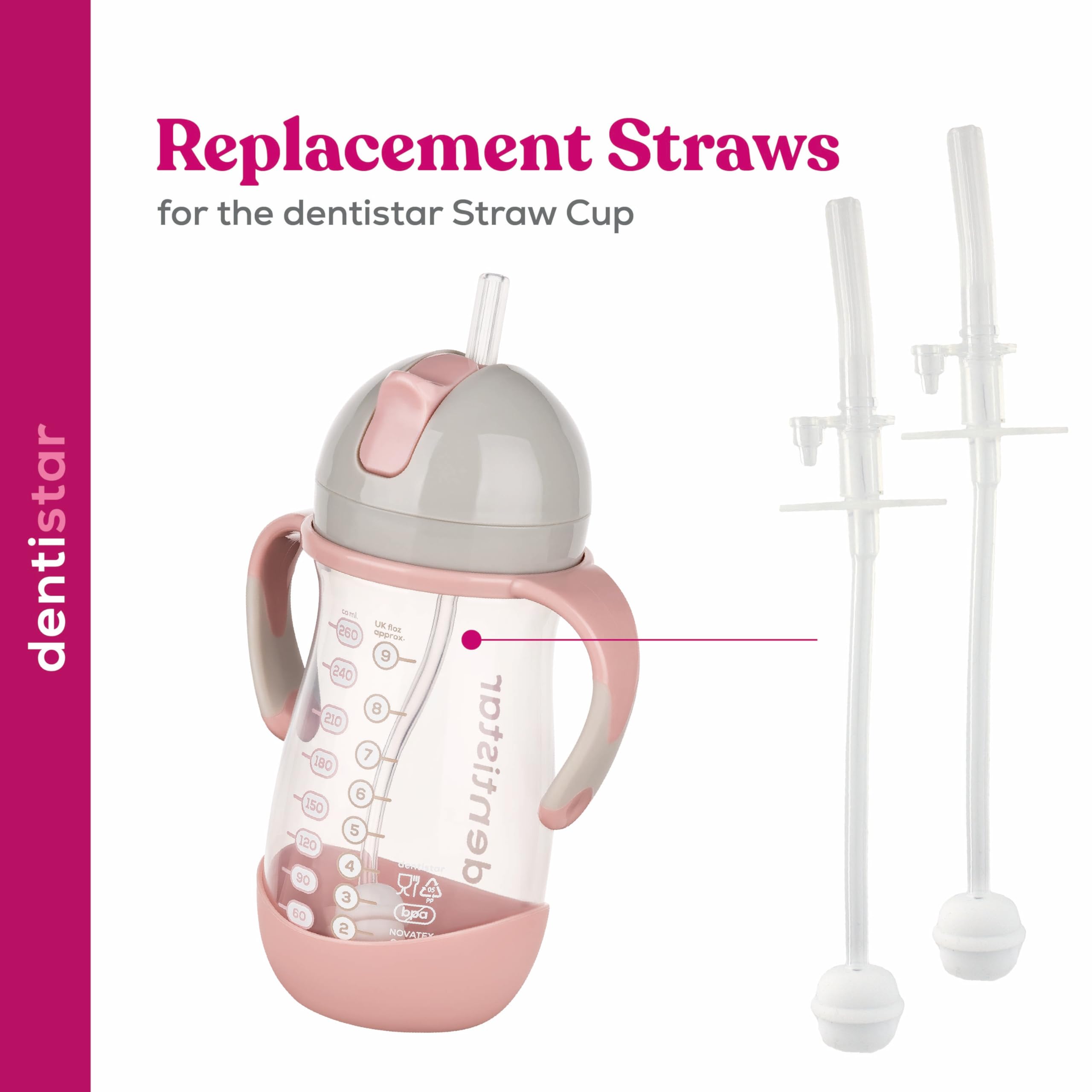 Dentistar Pailles en silicone de rechange en lot de 2 pour le gobelet avec paille 260 ml à partir de 6 mois