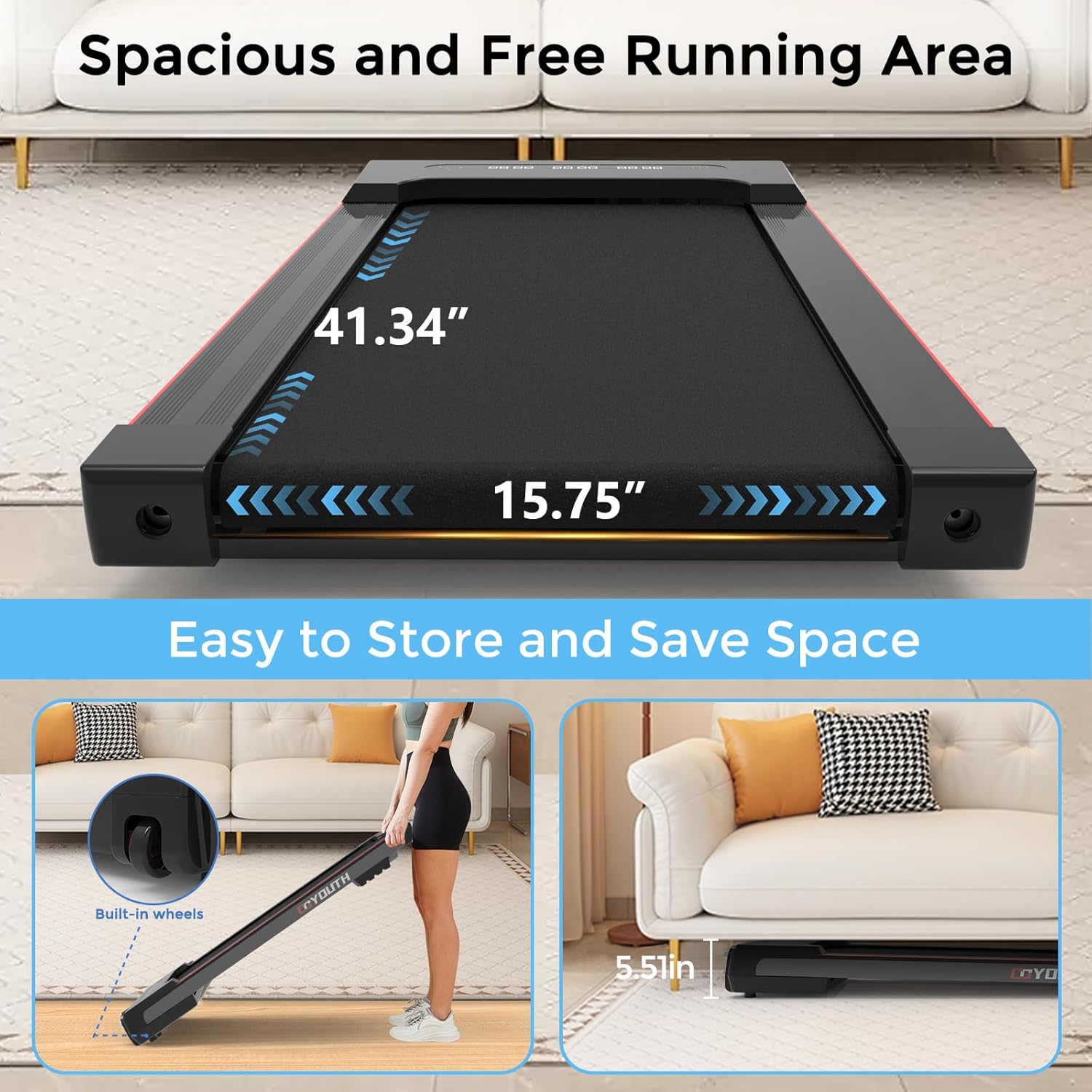 GOYOUTH Walking Pad Treadmill, Under Desk Treadmill for Home Office, Wide Belt Compact Treadmills 300 lbs Capacity, 2.25HP Shock-Absorbing Walking Jogging Running Machine Remote Included