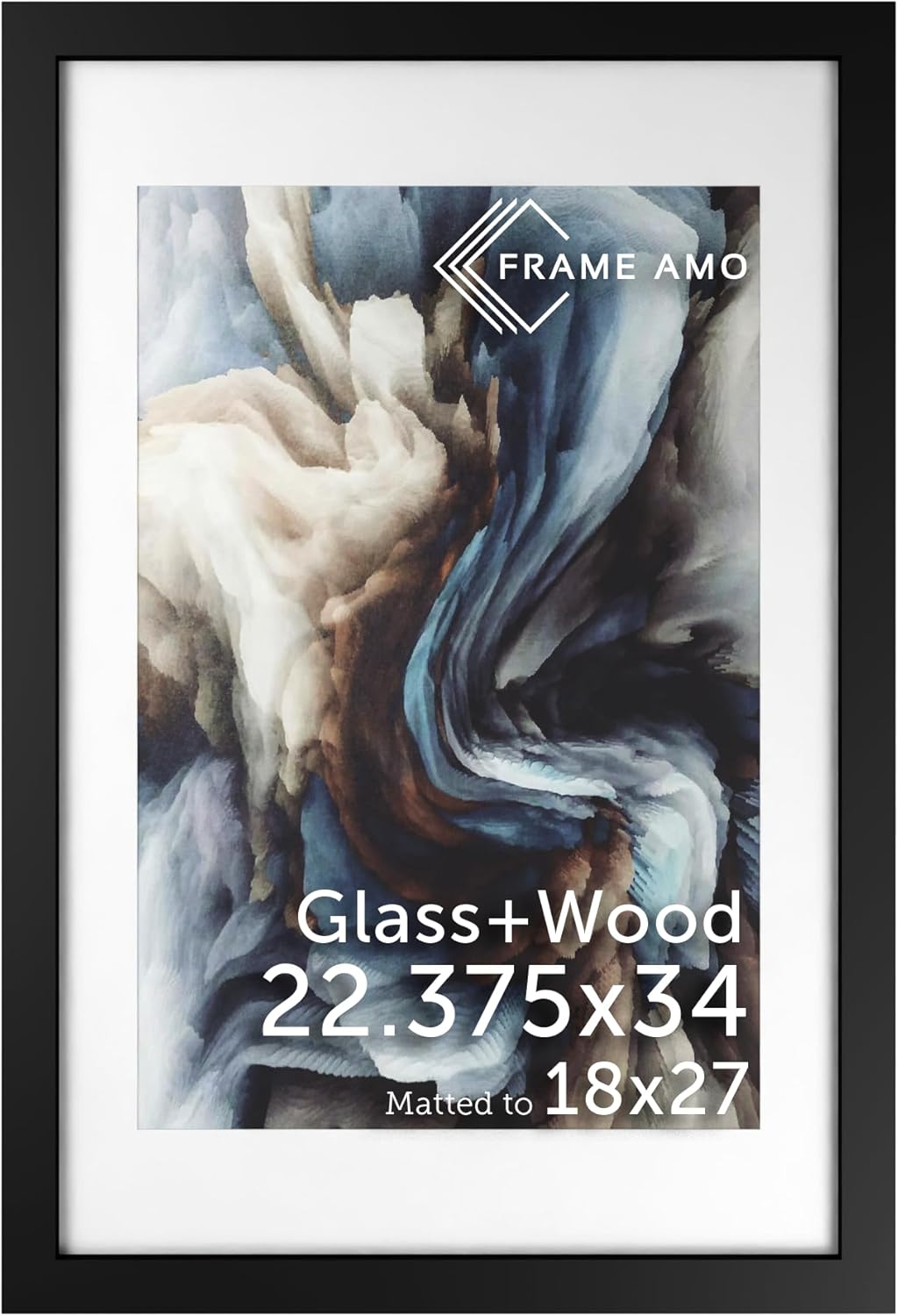 Frame Amo 22.375x34 Black Solid Wood Poster Frame, White Mat for 18x27 Image, Tempered Glass Front, 1.5 inch Wide, 1 inch Thick, High-End, Heavy-Duty, Gallery Grade & Acid-Free
